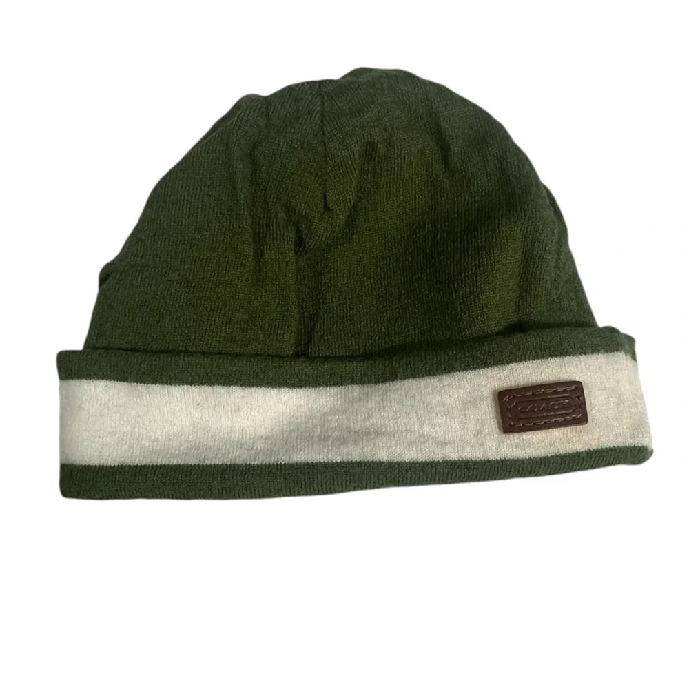 Coach 100% Merino Wool Cream and Green Beanie Y2K Vintage